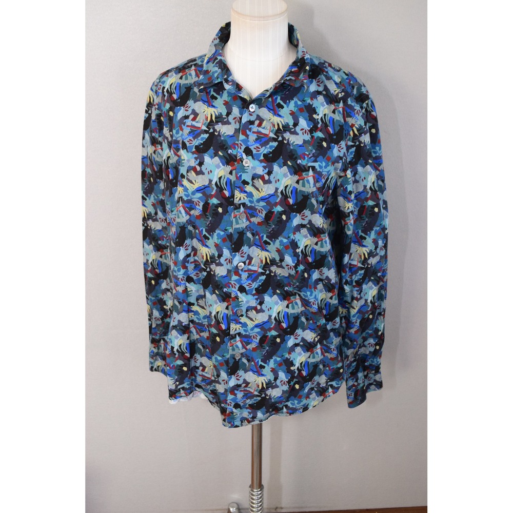Paul Smith Button Up Shirt Medium Blue Multi Abstract Tailored Fit Cotton AOP